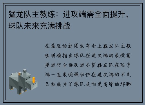 猛龙队主教练：进攻端需全面提升，球队未来充满挑战
