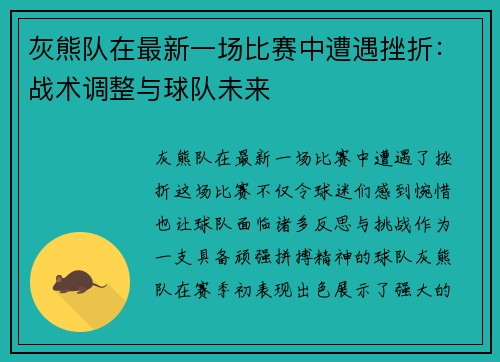 灰熊队在最新一场比赛中遭遇挫折：战术调整与球队未来