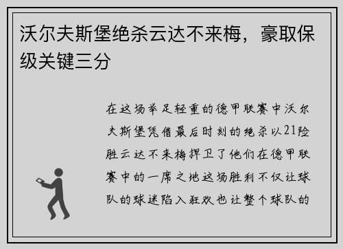 沃尔夫斯堡绝杀云达不来梅，豪取保级关键三分